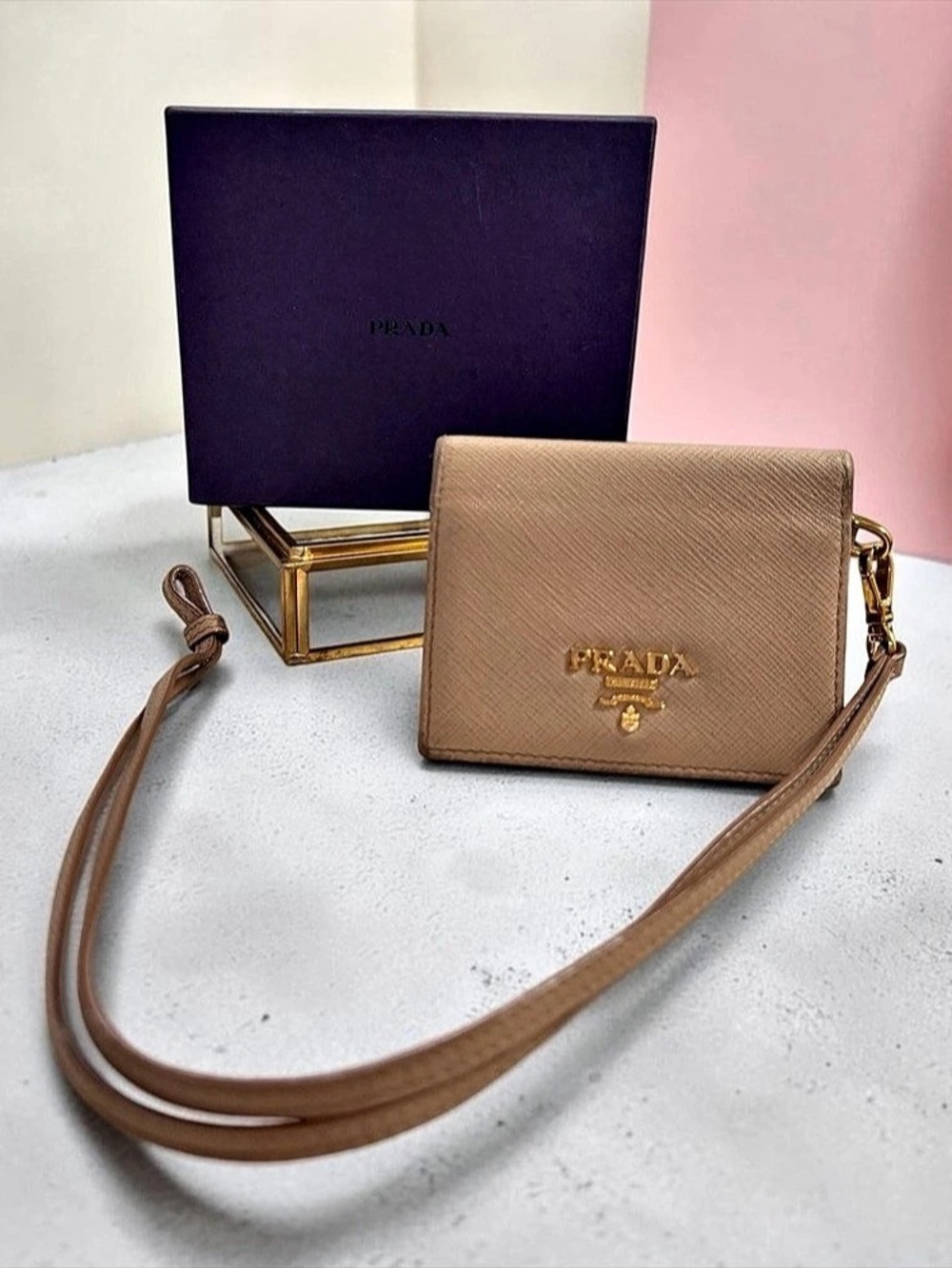 Prada Saffiano Leather ID Card Holder Wallet with Detachable Strap Taupe + Box